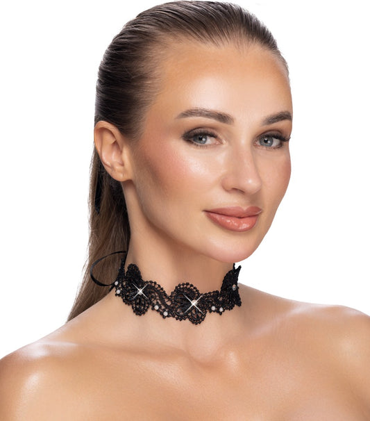 Collarino Nero Ricamato con Perline e Strass
