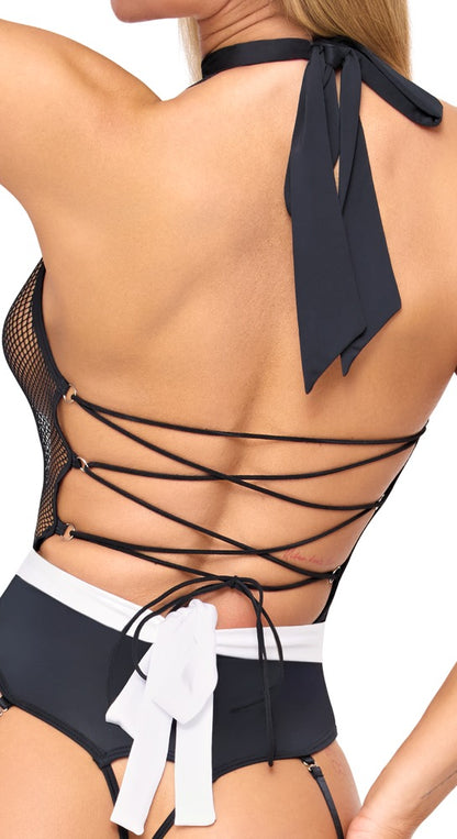Body Cameriera a Rete con Grembiule e Reggicalze