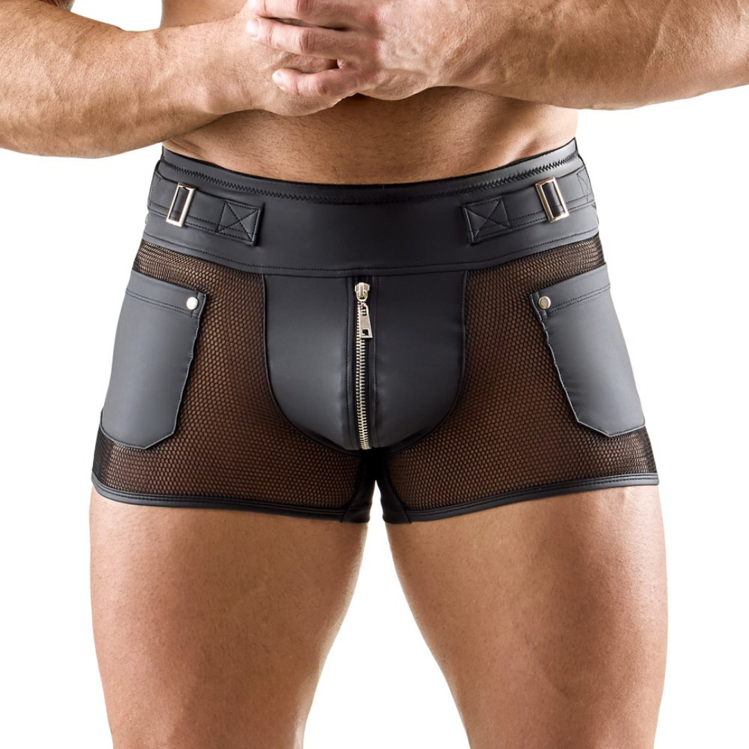 Boxer Pantaloncino Wetlook con Zip e Inserti a Rete