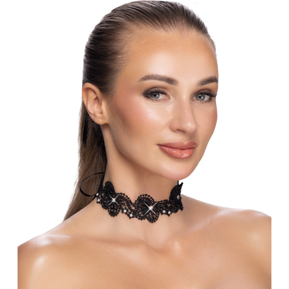 Collarino Nero Ricamato con Perline e Strass